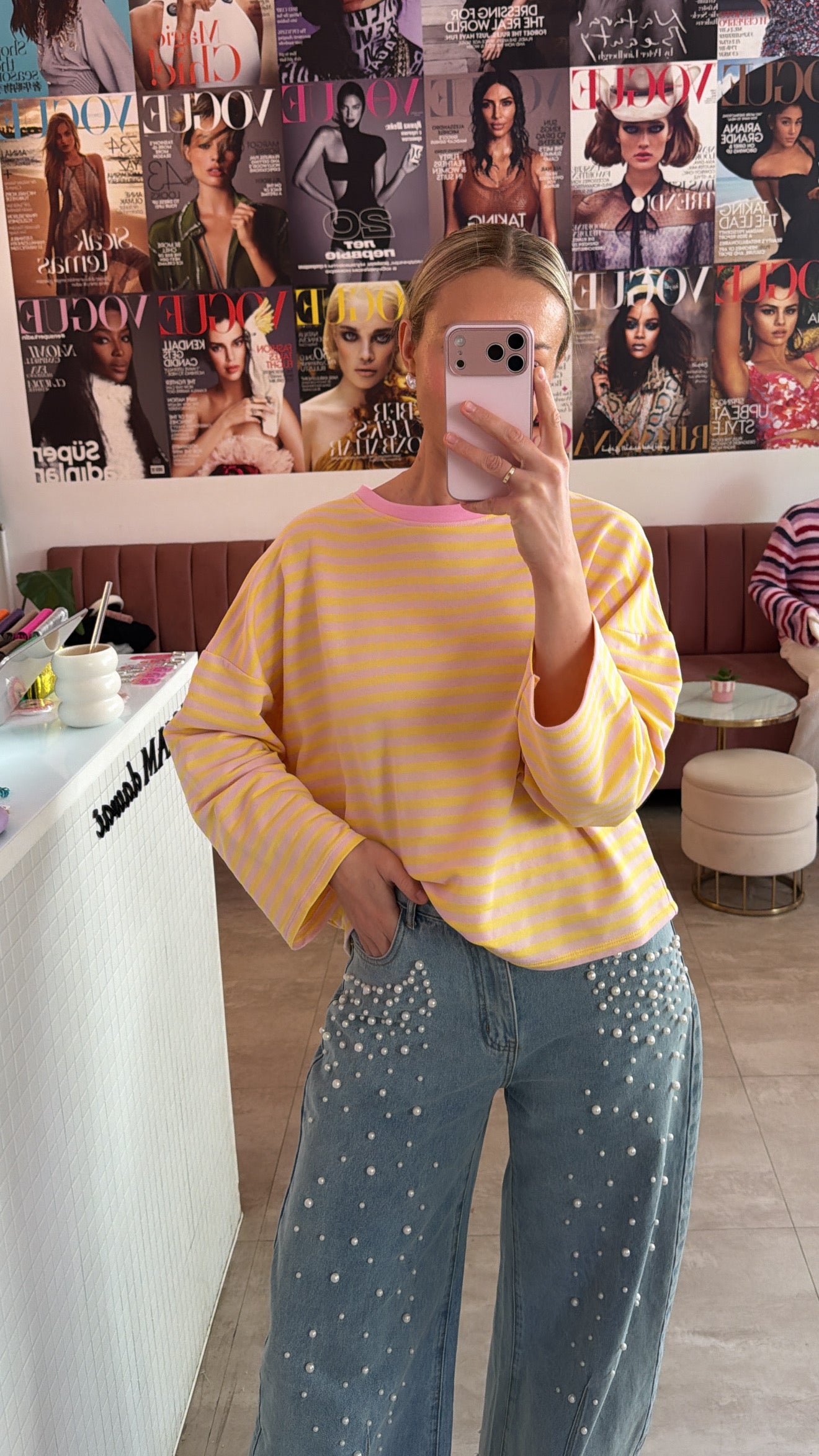 Streifen shirt mit längenarm und gelb rosa Farbkombi, oversized und onesize