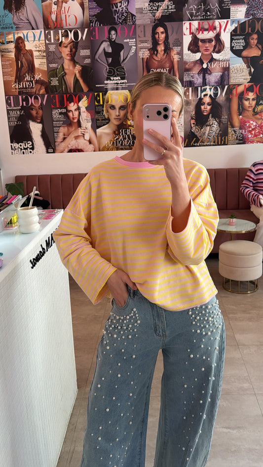 Streifen shirt mit längenarm und gelb rosa Farbkombi, oversized und onesize