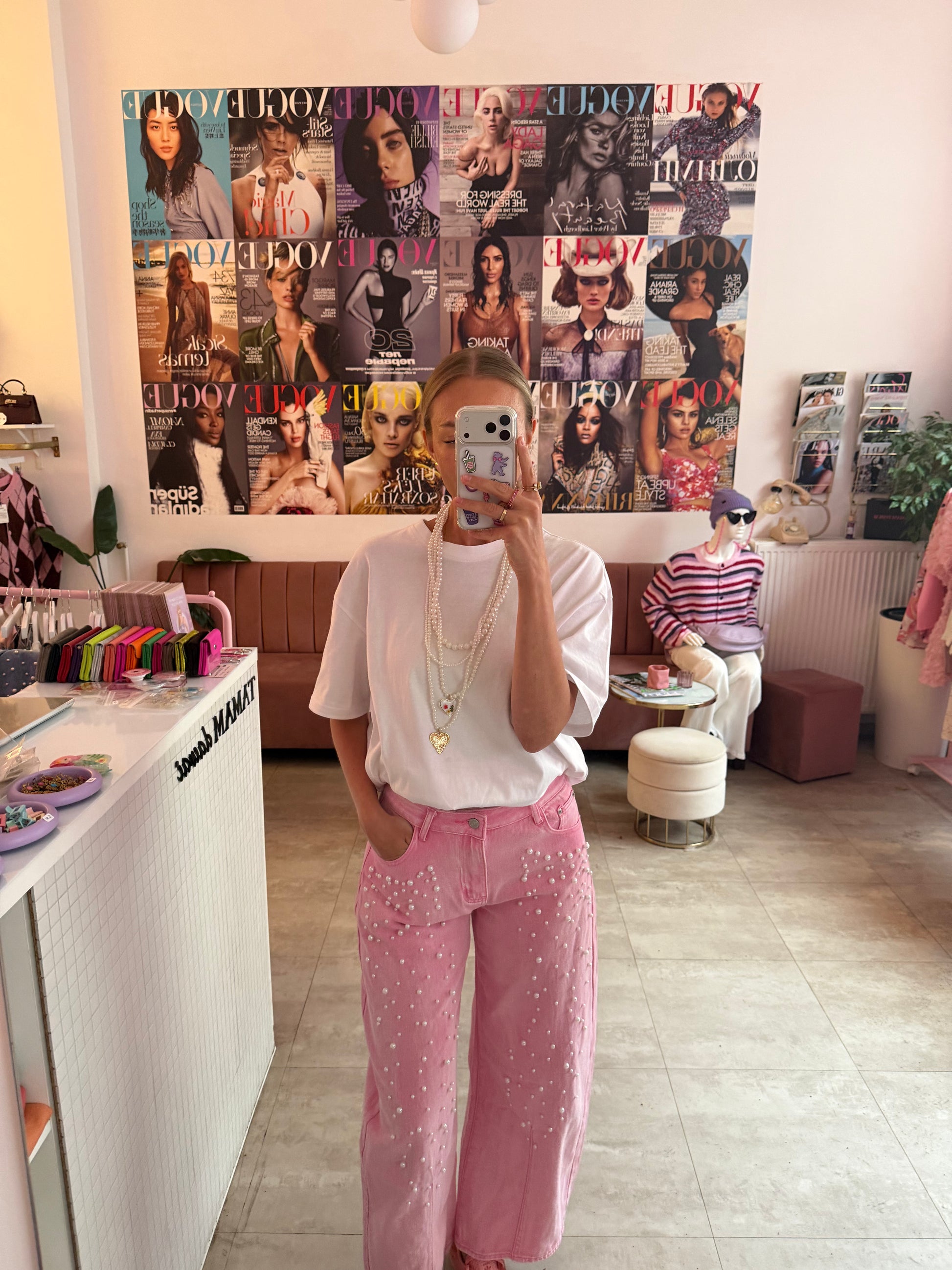 Damen Jeans rosa Outfit wide leg casual chic