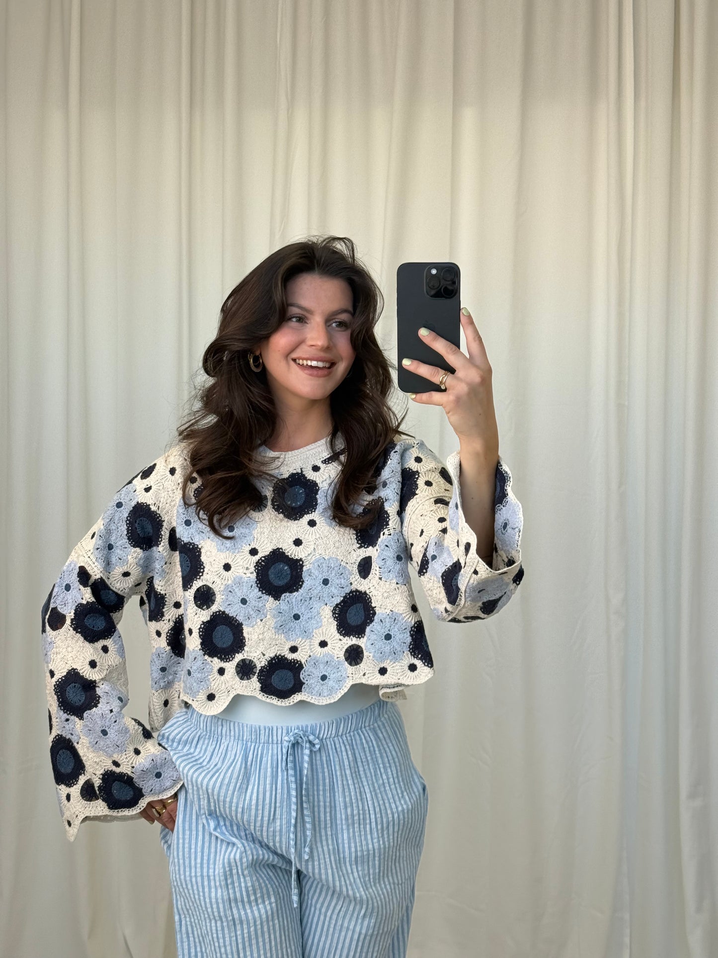 crochet blumen pullover blau creme boho style gehäkelt 
