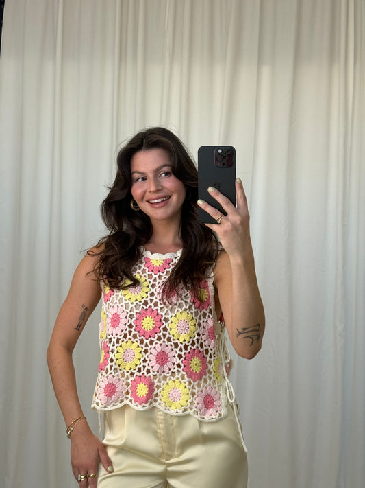 Gehäkeltes Blumen top in rosa gelb creme Damen